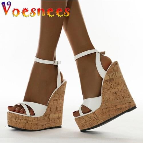 Voesnees Womens Shoes 2021 Early Spring New Simple Platform Wedges Sandals Ankle-Wrap Feminine High Heels 16cm Plus Size 35-42