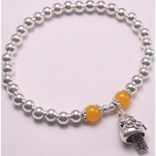 Real Silver 925 Bracelet Chain For Women Girl Silver Small Beads 5mm Yellow Jade Beads Lucky Bag Cat Bracelet 17cm Charms Cat