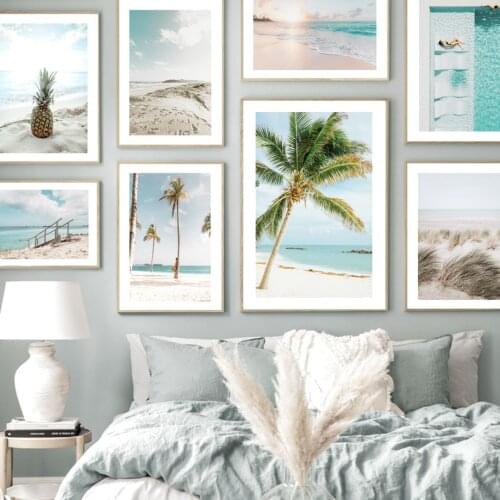 Caribbean Calm Waves Beach Palm Pineapple Grass Wall Art Print Canvas Painting Nordic Poster Wall Pictures For Living Room Decor