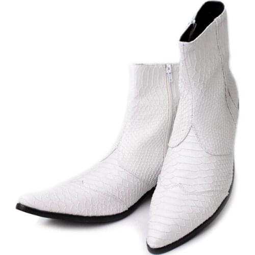 Christia Bella Classic Pointed Toe Plus Size Male White Zipper Boots Man Snake Skin Pattern Real Leather Dress Party Short Boots