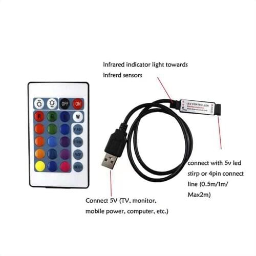 DALCAN Infrared Remote Control 24-key Mini USB LED Input Interface LED Strip Light with DC5-24V RGB Controller