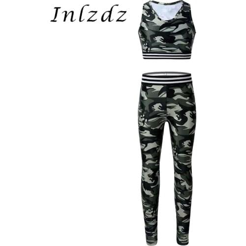 Kids Girls Tracksuit Outfit Racer Back Stretchy Tanks Bra Tops Crop Top with Leggings Pants for Gymnastics Stage Performance