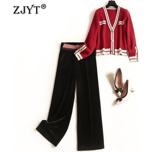 High Quality Fashion Autumn Winter 2 Piece Outfit Women Suit Long Sleeve V Neck Cardigan Sweater+Velour Pants Sets