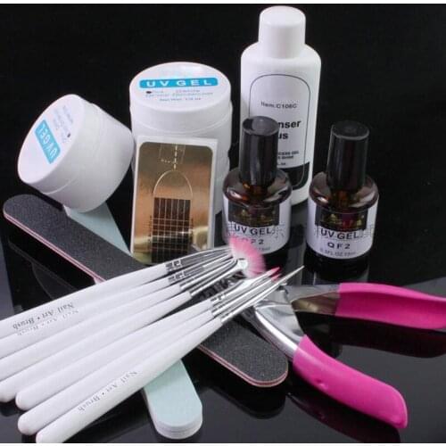 HOT Nail Art UV Gel Kits 3 colors UV Extended Gel+Top Coat+Primer+7pcs Acrylic Painting Pen+Smooth File+Cutter+Buffer+Forms