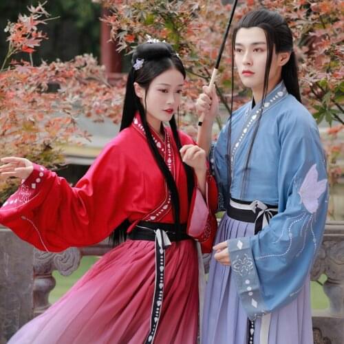 Chinese Original Hanfu Mens and Womens Cross-collar Waist Skirt Large-sleeved Shirt Spring and Summer Embroidery Suit In Stock