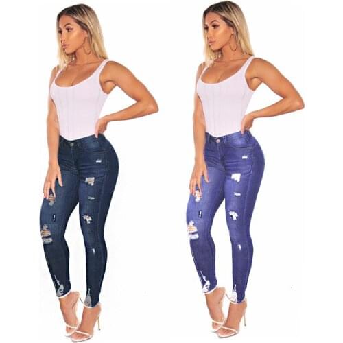 Classic Distressed Jeans Women Spring Fashion Slim Ripped Hole Low Waist Jeans Women Skinny Hollow Out Pencil Pants Plus Size