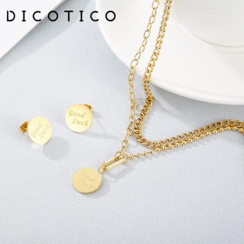 Stainless Steel Cuban Chain Necklaces Earrings Set Letter Good Luck Jewelry Sets For Women Fashion Wedding Choker Accessory