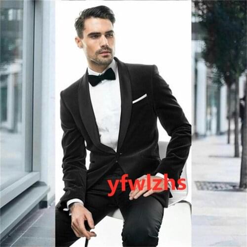 Handsome Velveteen Groomsmen Shawl Lapel Groom Tuxedos Wedding Dress Men Suits Blazer Prom Dinner (Jacket+Pants+Tie) K509