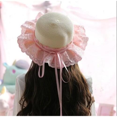 Sweet Mori Girl Summer Straw Hats Women Beach Sun Hat Lolita big lace Flat Top hat B1040