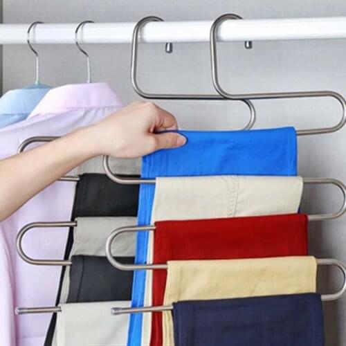 5-layer S-shaped stainless steel multifunctional magic pants rack, drying rack, wardrobe storage, multi-layer shelf tool 1PC
