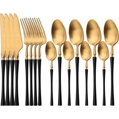 16Pcs Matte Black Gold 18/10 Stainless Steel Cutlery Set Knife Fork Spoon Silverware Tableware Set Wedding Birthday Dinnerware