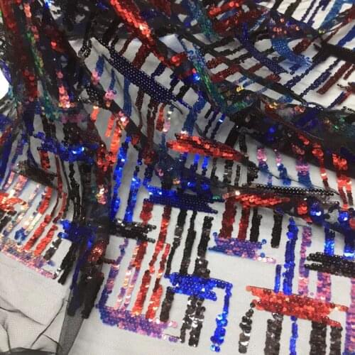Latest African French net lace fabric fashion multicolored sequins tulle lace fabric with embroidery for party dress FSQX080