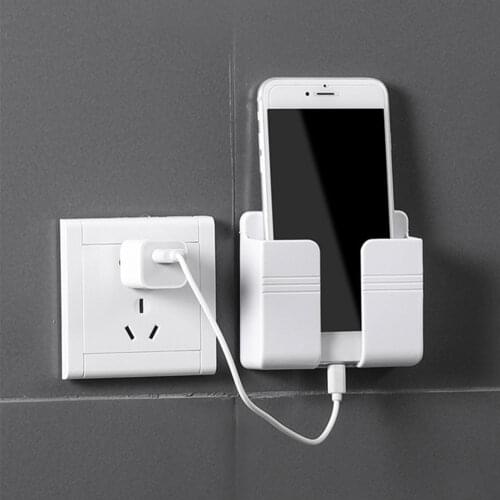Sticky Wall Mounted Mobile Phone Charging Bracket with Hooks Self-Adhesive Bedside Remote Control Organizer Storage Box Rack