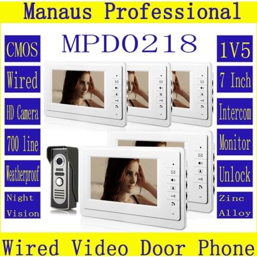 Professional Wired SmartHome 7" TFT LCD Screen Video Intercom Phone,One to Five Video Doorphone Doorbell Configuration D218a