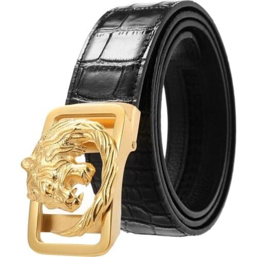 Men Stainless Steel Automatic Buckle Cowskin Crocodile Grain Gold Tiger Head Belt Male Fashion Jeans Belts BCD065
