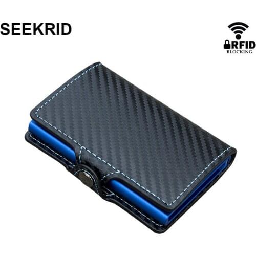 Mens Carbon Fiber Credit Card Holder RFID Blocking Aluminum Metal Cardholder Male Leather Smart Wallet Purse with Coin Pocket