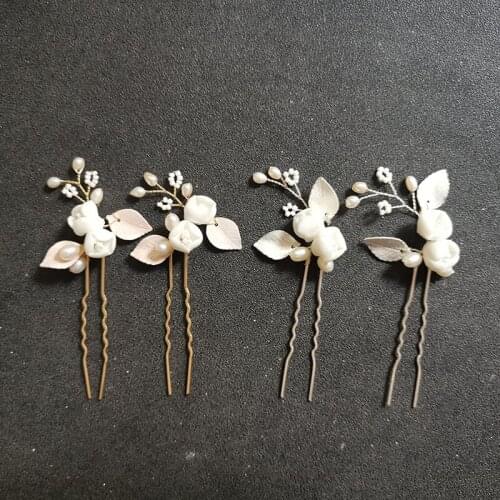 SLBRIDAL Handmade Alloy Leaf Ceram Flower Freshwater Pearls Bridal Hair Pin Wedding Hair Sticker Women Jewelry Hair Accessories