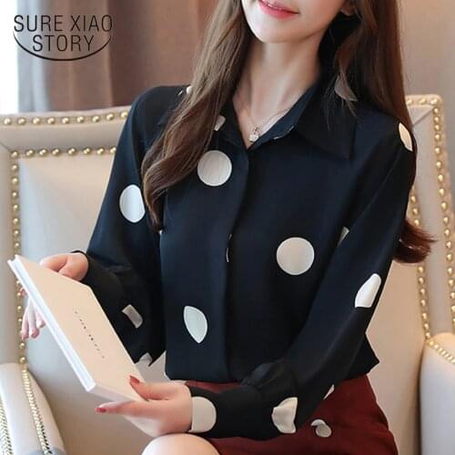 2020 New Spring Fashion Loose Women Chiffon Shirt Print Polka Dot Long Sleeve Shirt Button Blouse White Black Women Tops 6447 50