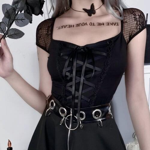 40#Women Gothic Vintage Tops Black Tight Lace Shirt Gothic Urban Clothing Mesh Casual Sexy Black Top Blouses gótica para mujer