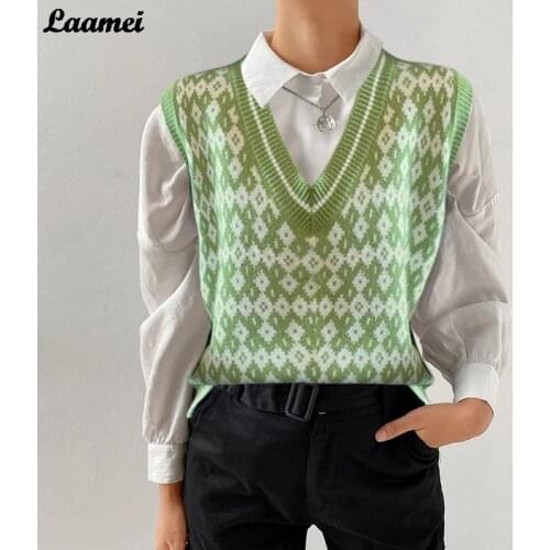 Sweater Vest Women V-neck Argyle Knitting Korean Students All-match Femme Jumper Autumn Chic Fashion Sleeveless Leisure Tops