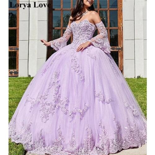 Lavender Off The Shoulder Quinceanera Dresses 2021 Ball Gown Tulle 15 anos Fluffy Dresses Sweet 18 Vestidos Elegant Prom Dress