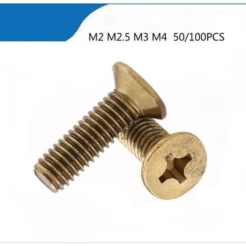 50/100Pcs Brass Flat Head Screw M2 M2.5 M3 M4 Brass Cross Recessed Countersunk Head Machine Screws