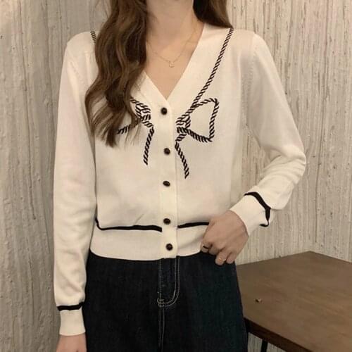Embroidery Bow Preppy Style Women Cardigans Sexy Short Tops Chic Long Sleeve Slim Female Coat Knitted Sweaters 2020 Fall Clothes
