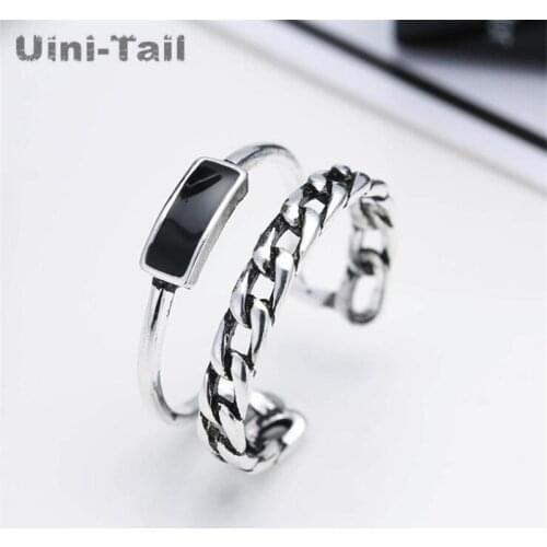 Uini-Tail classic hot sale 925 sterling silver geometric design double chain block open ring fashion tide flow high quality