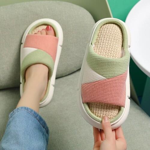 Linen Cotton Slippers Womens Indoor Household Mute Thick Bottom Anti-slip Four Seasons Japanese Cotton Linen Men Keep Warm