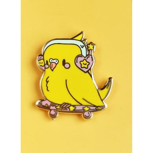 Cute Skateboard Music Bird Hard Enamel Pins Cartoon Animal Heart Shaped Headset Parrot Jacket Jeans Badge Brooch Accessories