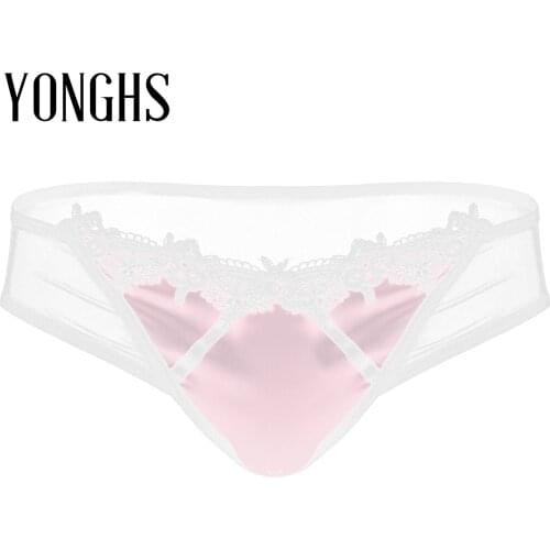 Mens Sexy Panties Lingerie Underwear Sissy Clothes Low Rise Lace Trim Satin Patchwork Briefs See-through Mesh Back Underpants