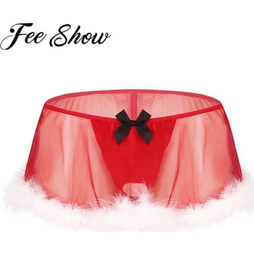 Mens Christmas Santa Panty Skirt Costume Adults Homme Babydolls Sleepwear Nightdress Gay Tulle Transparent Lingerie Kilt Clothes
