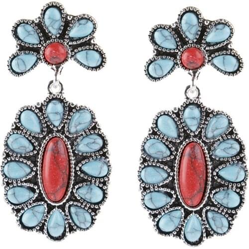 Wholesale Bohemian Turquoises Blue Red Natural Stone Earrings Vintage Metal Water Drop Handmade Earring for Women