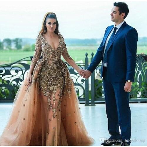 Luxurious Mermaid Lace Evening Dresses Deep V-neck Long Sleeves Crystals Prom Dresses Sexy Formal Party Gowns