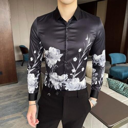 2021 Long Sleeve Shirts Men Fashion Flower Shirts Slim Business Formal Dress Shirts Streetwear Social Office Camisa Masculina