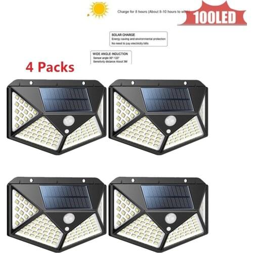 100LED Solar Lamp Human Body Induction Wall Light 3 Modes Dimmable Outdoor Garden Yard Path Lamp with Remote Control 4 sided 270