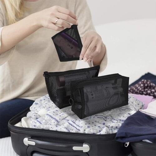 Outdoor Mesh Cosmetic Bag Makeup Case Organizer Black Mesh Zipper Pouch for Camping Travel Toiletries Bags Accessories
