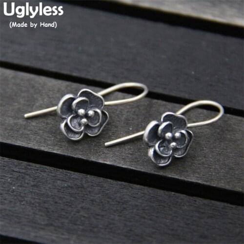 Uglyless Real S 925 Sterling Silver Women Romantic Flower Earrings Designer Thai Silver Black Floral Brincos Bijoux Fine Jewelry