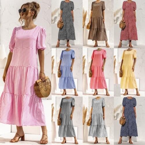 Polka Dot Plaid Summer Womens Long Dress Ball Gown Maxi Dress Robe Longue Femme Puff Sleeve Vestidos Casual Loose Waist Clothes