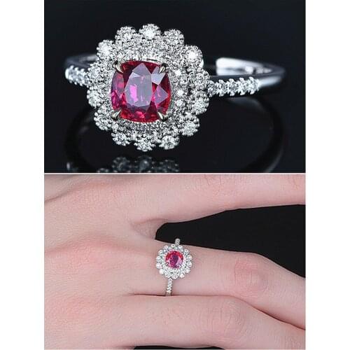Chic Rose Red Crystal Ruby Gemstones Diamonds Flower Rings for Women White Gold Silver Color Fine Jewelry Bague Wedding Bands