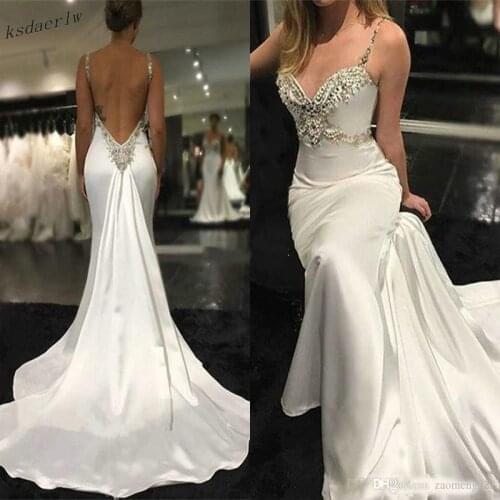 Sexy Backless Crystals Beaded Bridal Dress Sweep Train Beach Wedding Gowns Cheap Modern Spaghetti Mermaid Wedding Dresses