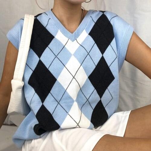 Girl Argyle Sweater Vest Women V Neck Sleeveless Knitted Vests Checkered Soft Crop Tops Female