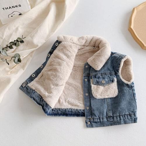 Winter Girls Boys Thick Warm Fleece Waistcoat Baby Kids Fashion Denim Vest Children Jeans Jacket Outerwear Clothes Kids Tops