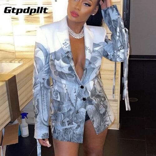 Gtpdpllt 2021 Autumn Winter Tie Dye Print Blazer Jackets Tops Women Casual Office Female Coat Fashion Skinny Long Blazer Suit