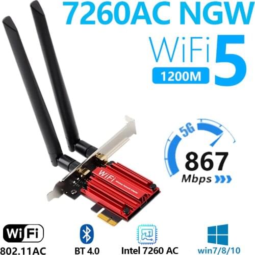 Dual Band Wireless Card AC1200R Heat sink For Intel 7260AC 2.4G/5Ghz Wlan Wifi Dual Band1200M Bluetooth 4.0 802.11ac/a/b/g/n