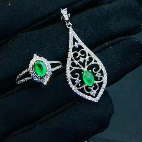 SHILOVEM 925 sterling silver Natural Emerald pendants rings classic fine Jewelry women wedding gift new 4*6mm jctz0406919agml