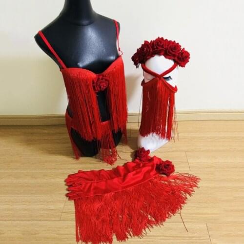 Red Rose Fringe Bikini Sexy GOGO Dancer Costume American Clothing Festival Outfit Headdress Tassel Mask Stage Show Costume 1985