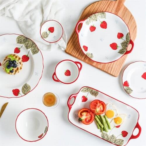 Nordic Creative Cute Red Strawberry Breakfast Plate Under Glazed Ceramic Salad Rice Soup Bowl Steak Dessert Plate Mug Dinnerware