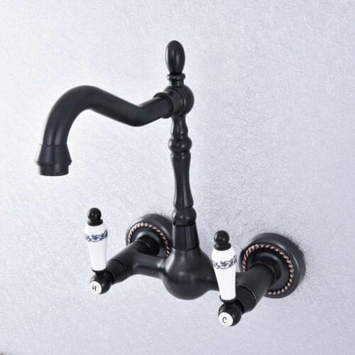 Kitchen Wet Bar Bathroom Vessel Sink Faucet Black Oil Rubbed Brass Wall Mounted Swivel Spout Mixer Tap Dual Ceramic Lever msf715