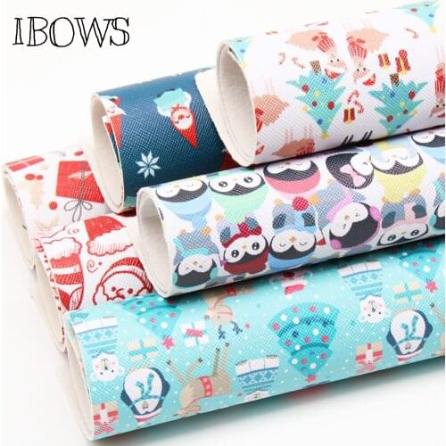 IBOWS 22*30cm Snythetic Leather Sheets Christmas Printed Faux Leather Xmas Vinyl Fabric for DIY Hair Bow Bags Crafts Material